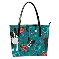 Leather Handbag for Women Large Capacity Top Handle Satchel Bucket Purses Shoulder Bag Boston Terrier and Beautiful Flowers