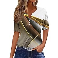 Womens Henley Tunic Tops 2024 Summer Fashion Print Shirts Button Up T-Shirts Short Sleeve V-Neck Casual Blouses