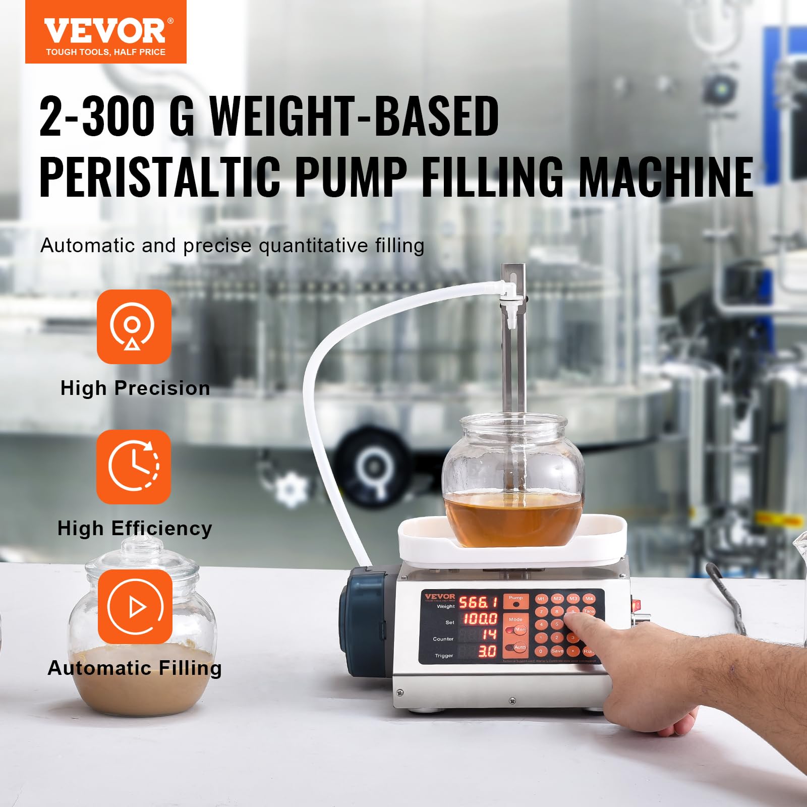 VEVOR Liquid Filling Machine 5-300g, Automatic Bottle Filling Machine, Weighing Filler Machine Peristaltic Pump Digital Control for Milk, Water, Wine, Beverage, Soy Sauce
