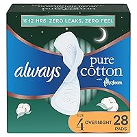 Always Pure Cotton Feminine Pads for Women, Size 4, with wings, Unscented, 28 Count
