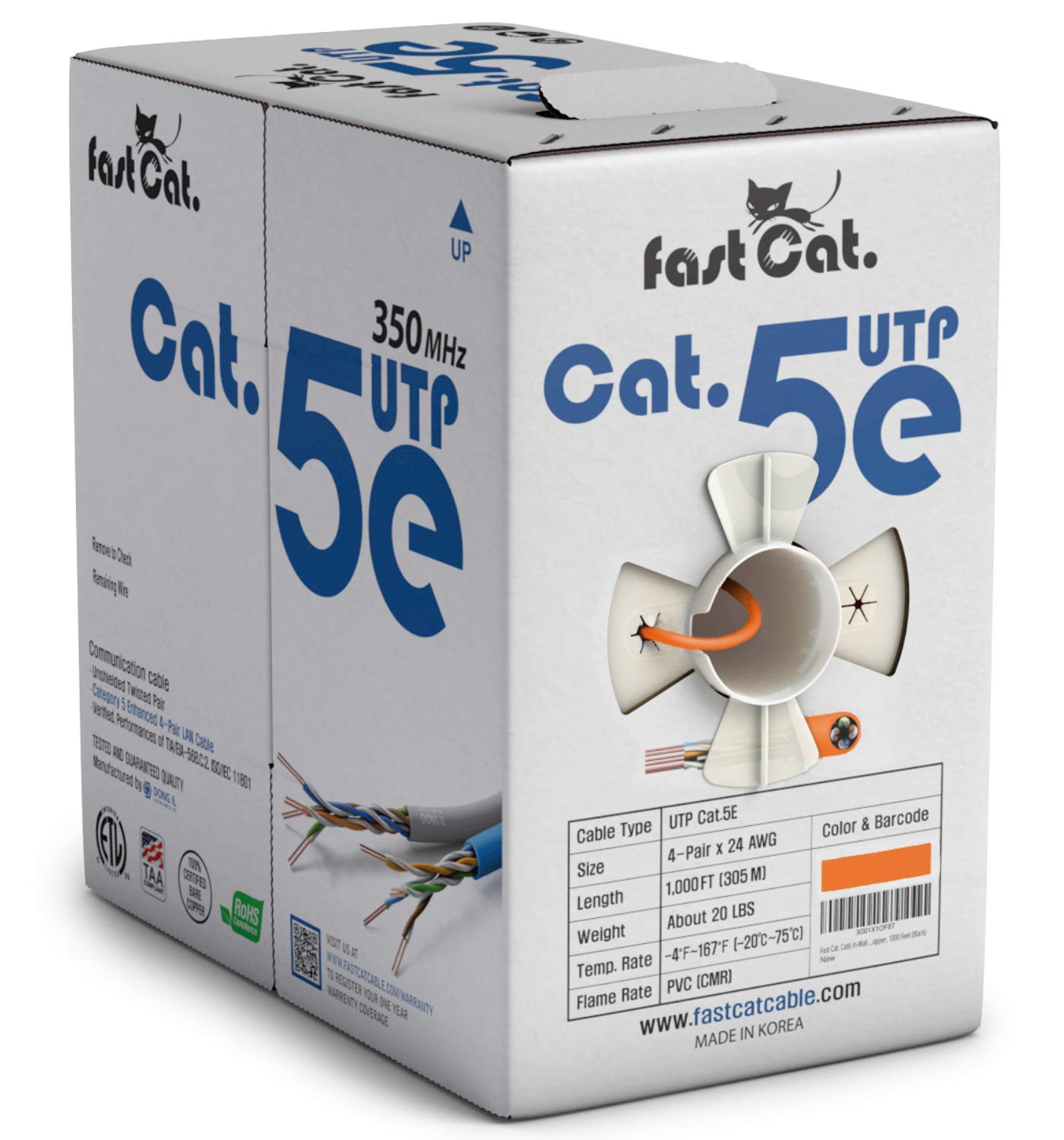 fast Cat. Cat5e Ethernet Cable 1000ft - 24 AWG, CMR, Insulated Bare Copper Wire Internet Cable with FastReel - 350MHZ / Gigabit Speed UTP LAN Cable - CMR (Orange)