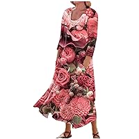Casual Dresses for Women,Women's Crew Neck Comfortable Floral Print Dress Three Quarter Sleeves Slim Fit Cotton Pockets Dress