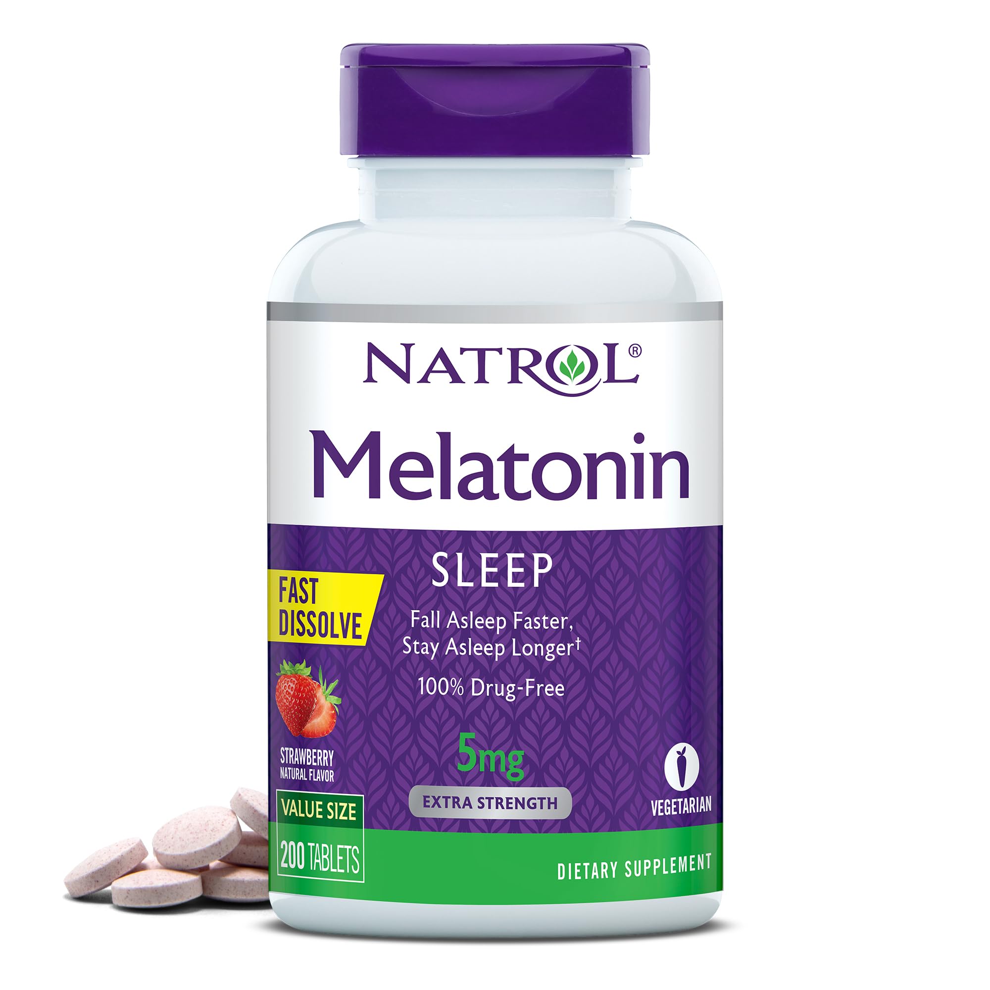 Natrol Melatonin Fast Dissolve Tablets, Helps You Fall Asleep Faster, Stay Asleep Longer, Easy to Take, Dissolve in Mouth, Strengthen Immune System, Maximum Strength, Strawberry Flavor, 5mg, 200 Count