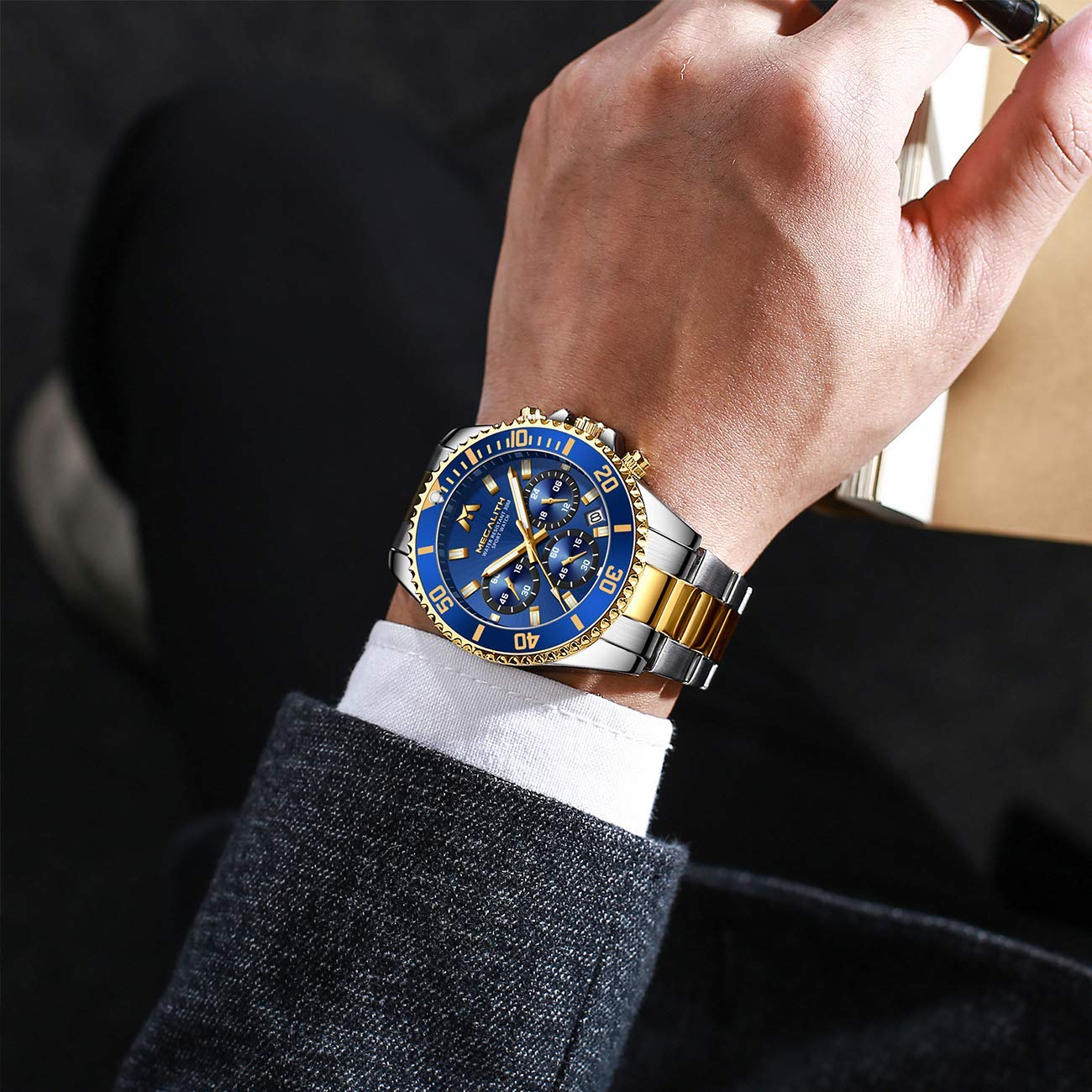 Megalith Herrenuhr 43mm Chronograph Edelstahl Designer Armbanduhr Herren Wasserdicht Uhren Leuchtende Analog Datum Business Uhr Elegant Geschenk für Männer