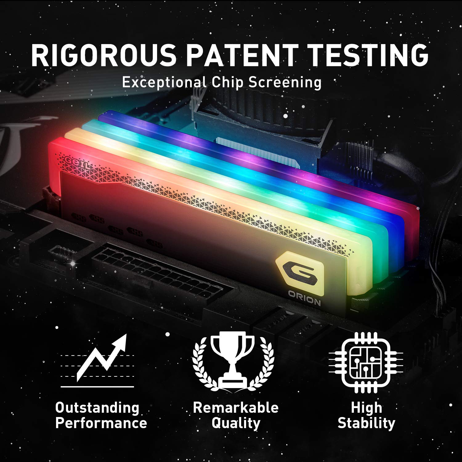 GeIL Orion RGB DDR4 RAM, 32GB (16GBx2) 3200MHz 1.35V XMP2.0, Intel/AMD Compatible, Long DIMM High Speed Desktop Memory, Hardcore Immersive Gaming/Multimedia Content Creation/Quality Live Streaming