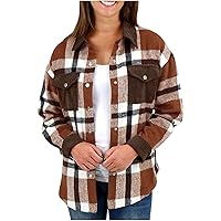 Women Flannel Plaid Shacket Jacket Long Sleeve Button Down Shirts Coat Fashion Outwear Dressy Blouse Top with Pocket