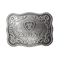 ARIAT Unisex Antique Silver Rectangle Logo Belt Buckle with Twisted Rope Edge - 3.75
