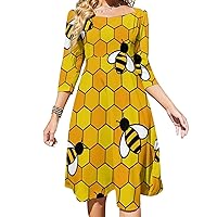 Honey Bees Women's Dress 3/4 Sleeves Tie Neck Casual Flowy Flare Dresses for Work Party Travel 3XL