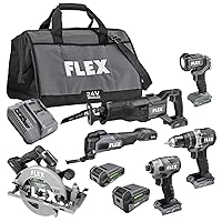 FLEX 24V Brushless Cordless 6-Tool Combo Kit: Hammer Drill, Hex Impact Driver, Circular Saw, Multi-Tool, Reciprocating Saw, Work Light with 2.5Ah, 5.0Ah Lithium Batteries and 160W Charger - FXM601-2B