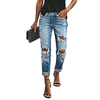 KUNMI Women's Ripped Mid Waisted Boyfriend Jeans Loose Fit Distressed Stretchy Denim Pants
