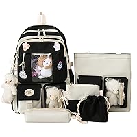 LIK EPOCH Kawaii Backpack 5Pcs Set Aesthetic Backpack 17in Preppy Backpacks with Badge&Pendant,Shoulder Bag,Pencil Box,Tote Bag,Lucky Bag(Black)