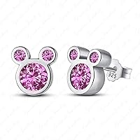 Girls Mickey Mouse Earrings With Excellent Pink Sapphire 14k White Gold Finished