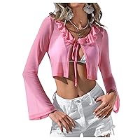 Milumia Women's Y2k Sheer Mesh Tie Front Bell Sleeve Crop Top Ruffle V Neck T-Shirts