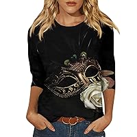 Women's Mardi Gras Outfits Fashion Casual Round Neck 3/4 Sleeve Loose Printed T-Shirt Shirts for Shirts, S-3XL