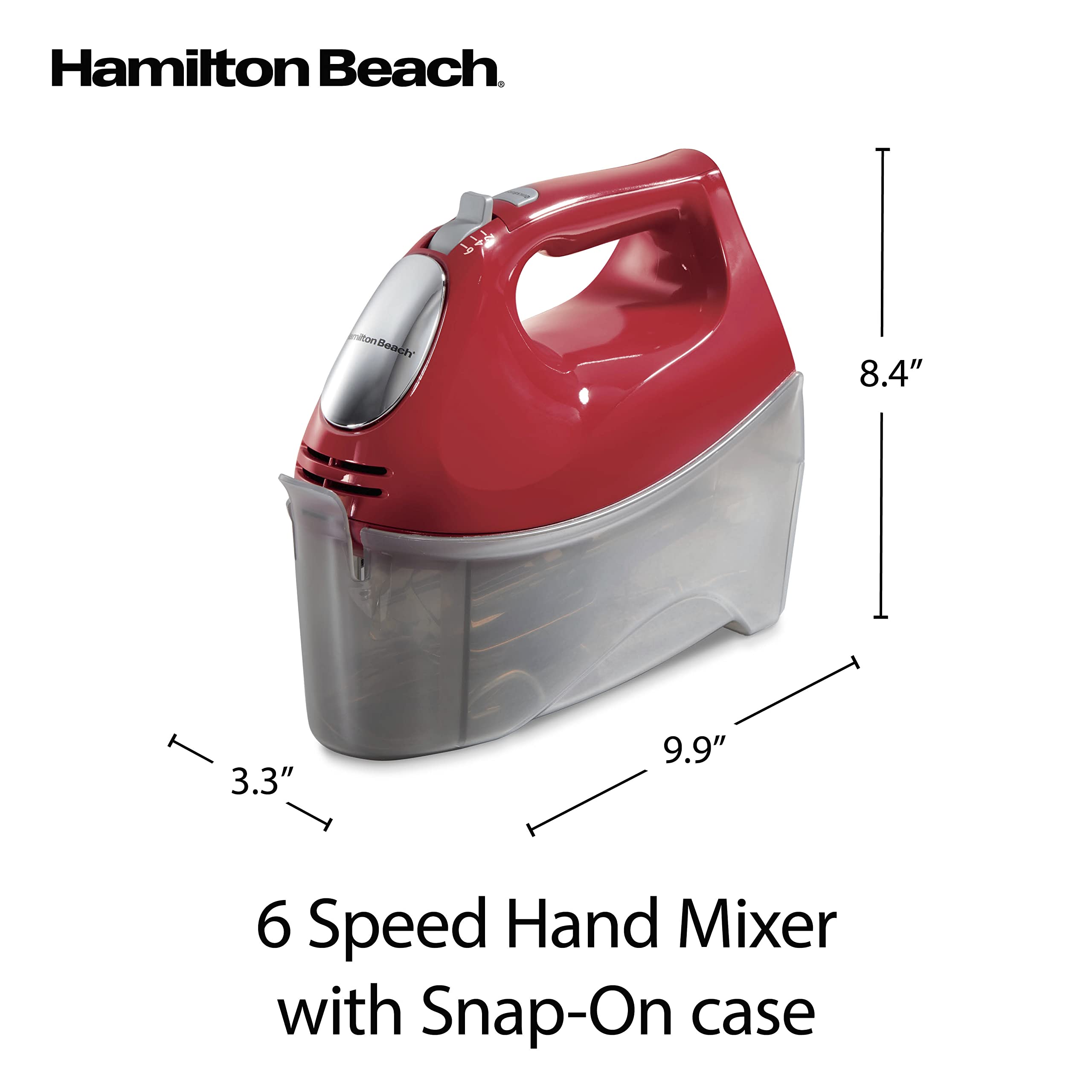 Hamilton Beach 6-Speed Electric Hand Mixer with Whisk, Traditional Beaters, Snap-On Storage Case, Dough Hooks, Red