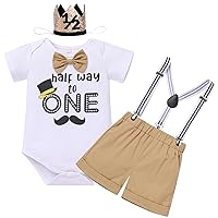 IBTOM CASTLE Baby Boy 1/2 Birthday Outfit Bowtie Romper+Suspenders+Shorts+Crown Half Way to One Cake Smash Photo Shoot Outfit