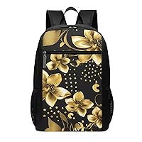 Black And Gold Flowers Print Simple Sports Backpack, Unisex Lightweight Casual Backpack, 17 Inches