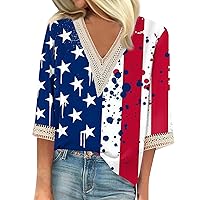 Womens Spring Tops American Flag Printed 3/4 Sleeve Blouses Independence Day Lace V Neck Shirts Summer Loose Blouse