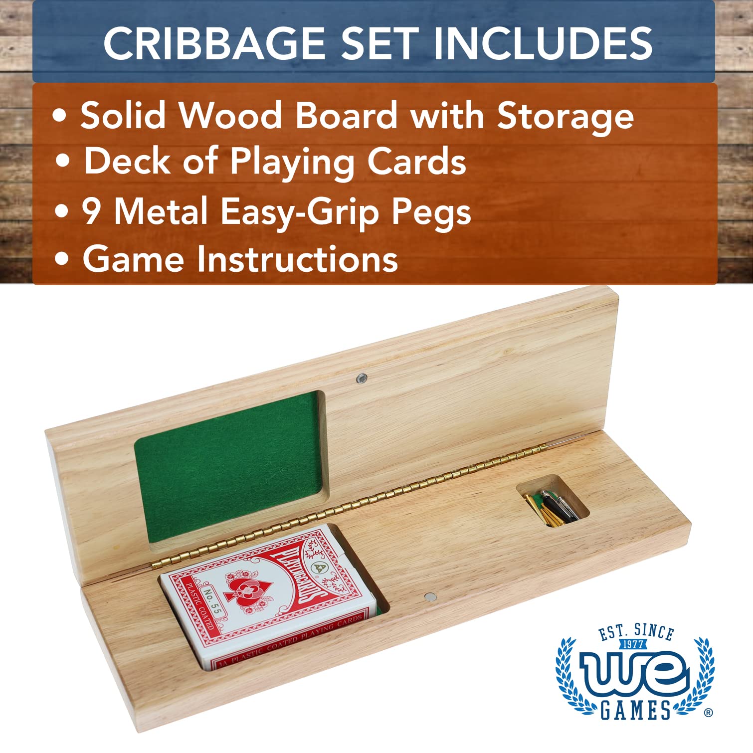 WE Games Wooden Cribbage Board Game Set, Continuous 3 Track for 2-3 Players, Travel Cribbage Board with Card Storage, Includes 9 Metal Pegs & Deck of Cards, Card Games, Classic Board Games for Adults