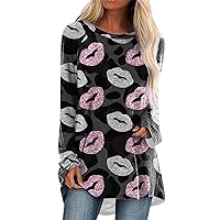 Womens T Shirts Package Cotton Womens Fashion Valentines Day Printed Long Sleeve Round Neck Loose Casual Long