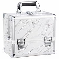 Joligrace Makeup Train Case Cosmetic Box 10 Inches Jewelry Organizer Professional 3 Tiers Tackle Compartments Trays with Mirror and Brush Holder Lockable Key Portable Travel Marble White