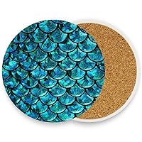 visesunny Blue Mermaid Scale Drink Coaster Moisture Absorbing Stone Coasters with Cork Base for Tabletop Protection Prevent Furniture Damage, 2 Pieces