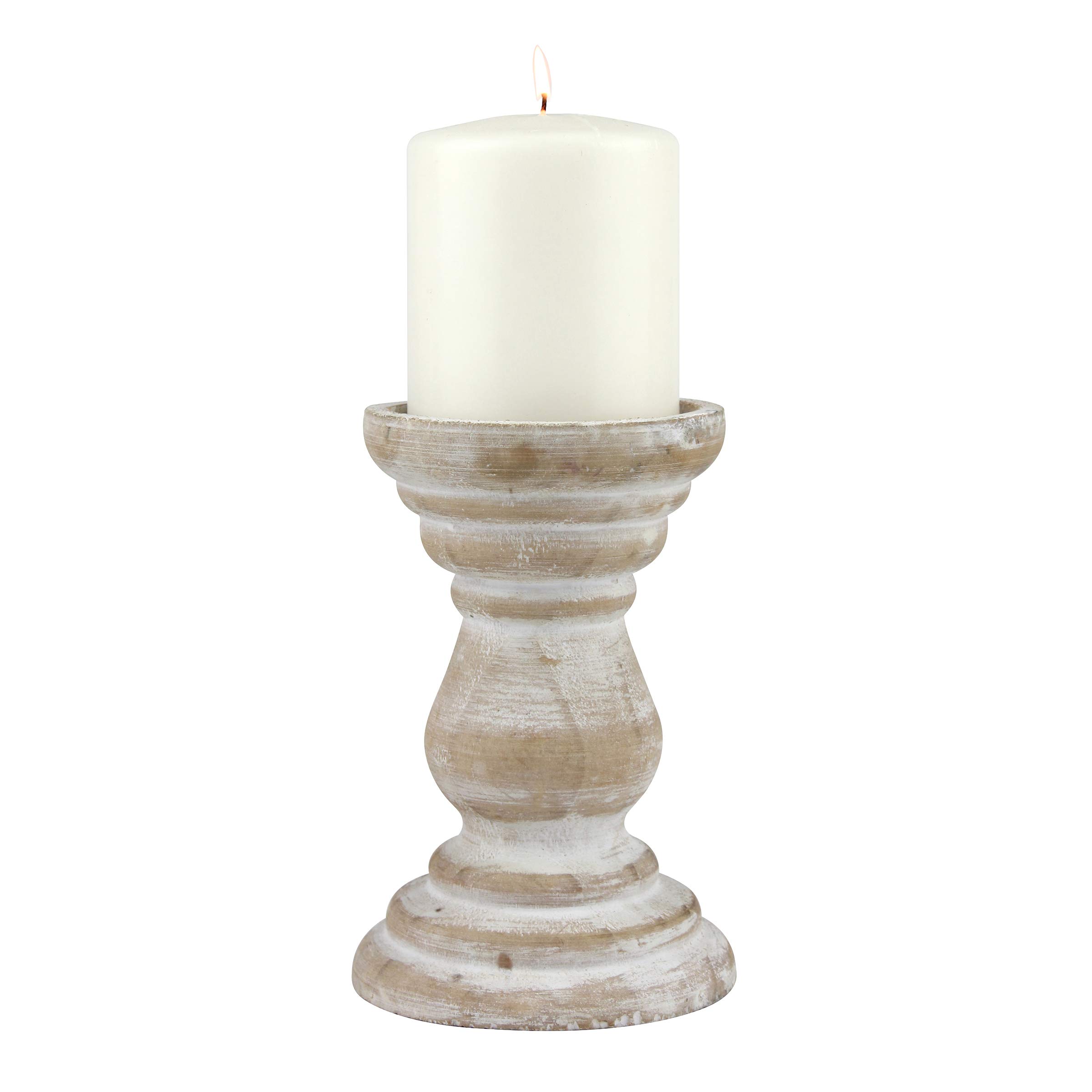 Stonebriar Antique White Wooden Pillar Candle Holder, Vintage Seaside Pillar Stand for Dining Table Centerpiece, Coffee Table, Mantel, Or Any Table Top, Medium