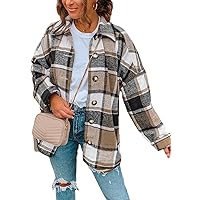 Women's 2022 Fall Clothes Plaid Shacket Jacket Long Sleeve Button Down Flannel Shirts Fashion Blouse