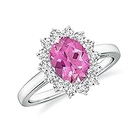 Natural Pink Tourmaline Princess Diana Halo Ring for Women Girls in Sterling Silver / 14K Solid Gold/Platinum