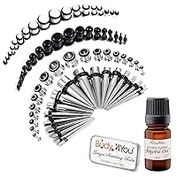 BodyJ4You 72PC Gauges Kit Aftercare Balm Jojoba Oil Wax 14G-00G Black White Acrylic Plugs Steel Tapers