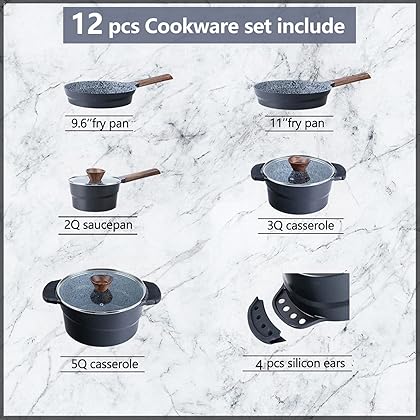 Ultra Nonstick Cooking Pots and Pans Set - 12 Piece Granite Stone Cooking Kitchen Induction Cookware Sets