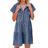 Sidefeel Womens Short Sleeve Buttoned Frayed Pocket Denim Jean Dresses Small Blue