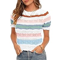 Saodimallsu Womens Striped Color Block Short Sleeve Sweater Crochet Knit Hollow Out Lightweight Pullover Crop Tops