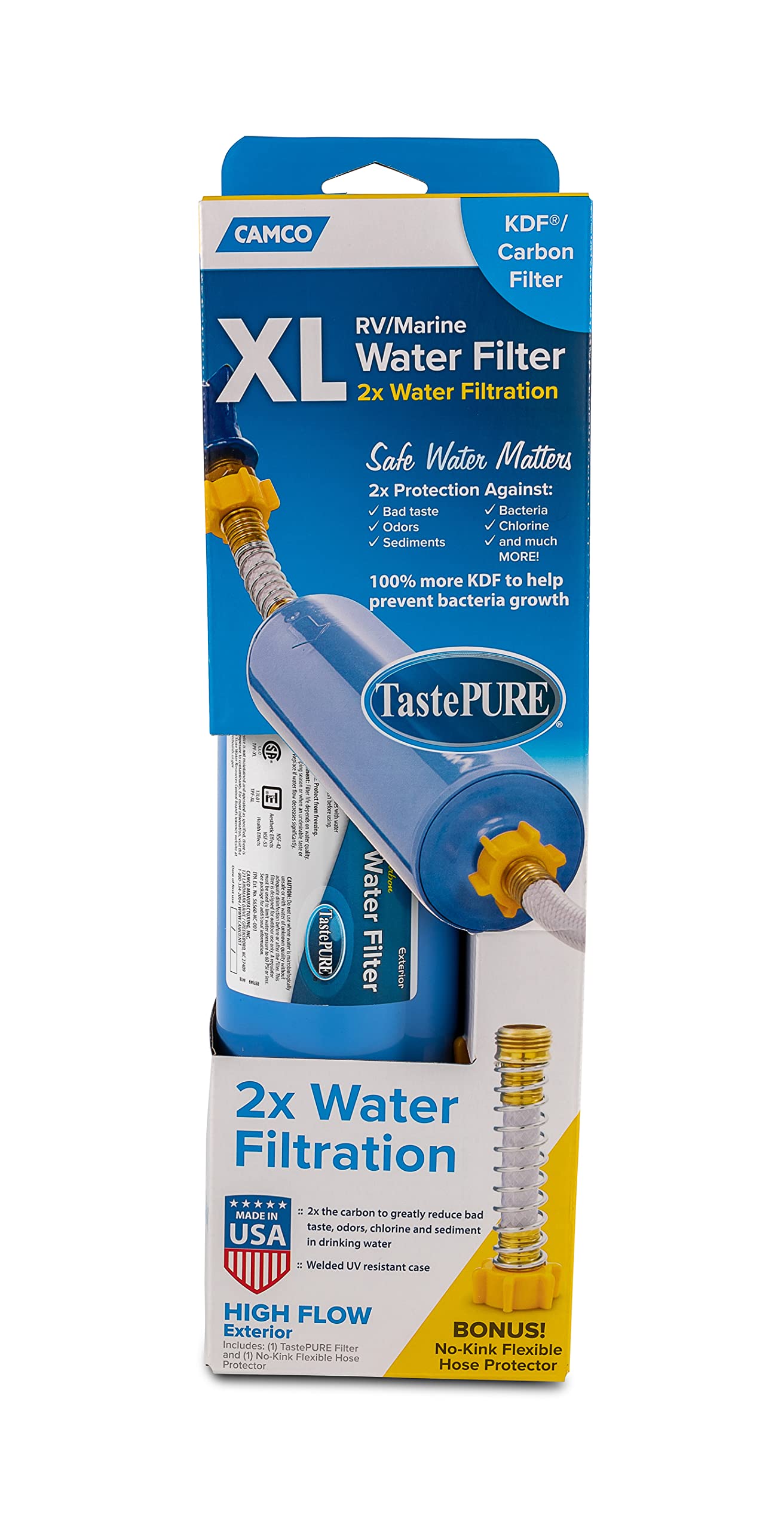 Camco 40019 TastePURE Inline XL RV Water Filter with Flexible Hose Protector | Protects Against Bacteria | Reduces Bad Taste, Odor, Chlorine and Sediment,Extra Large Filter & Hose Protector , Blue