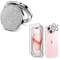 MIODIK Bundle - for iPhone 15 Case Clear + Phone Ring Holder (Silver), with Screen Protector & Camera Lens Protector, Protective Shockproof for Women