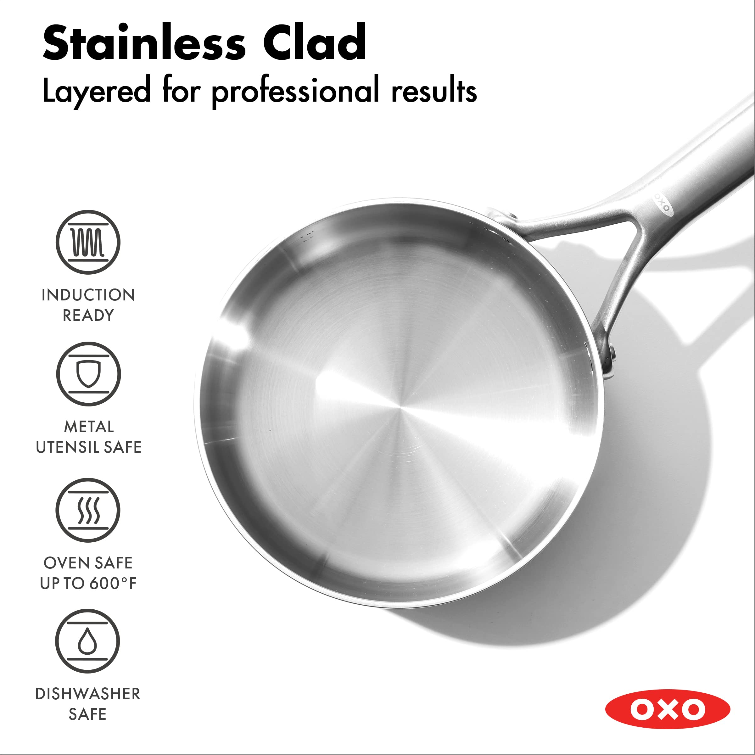 OXO Mira Tri-Ply Stainless Steel, 1.5QT and 3QT Saucepan Pot Set with Lids, Induction, Multi Clad, Dishwasher and Metal Utensil Safe