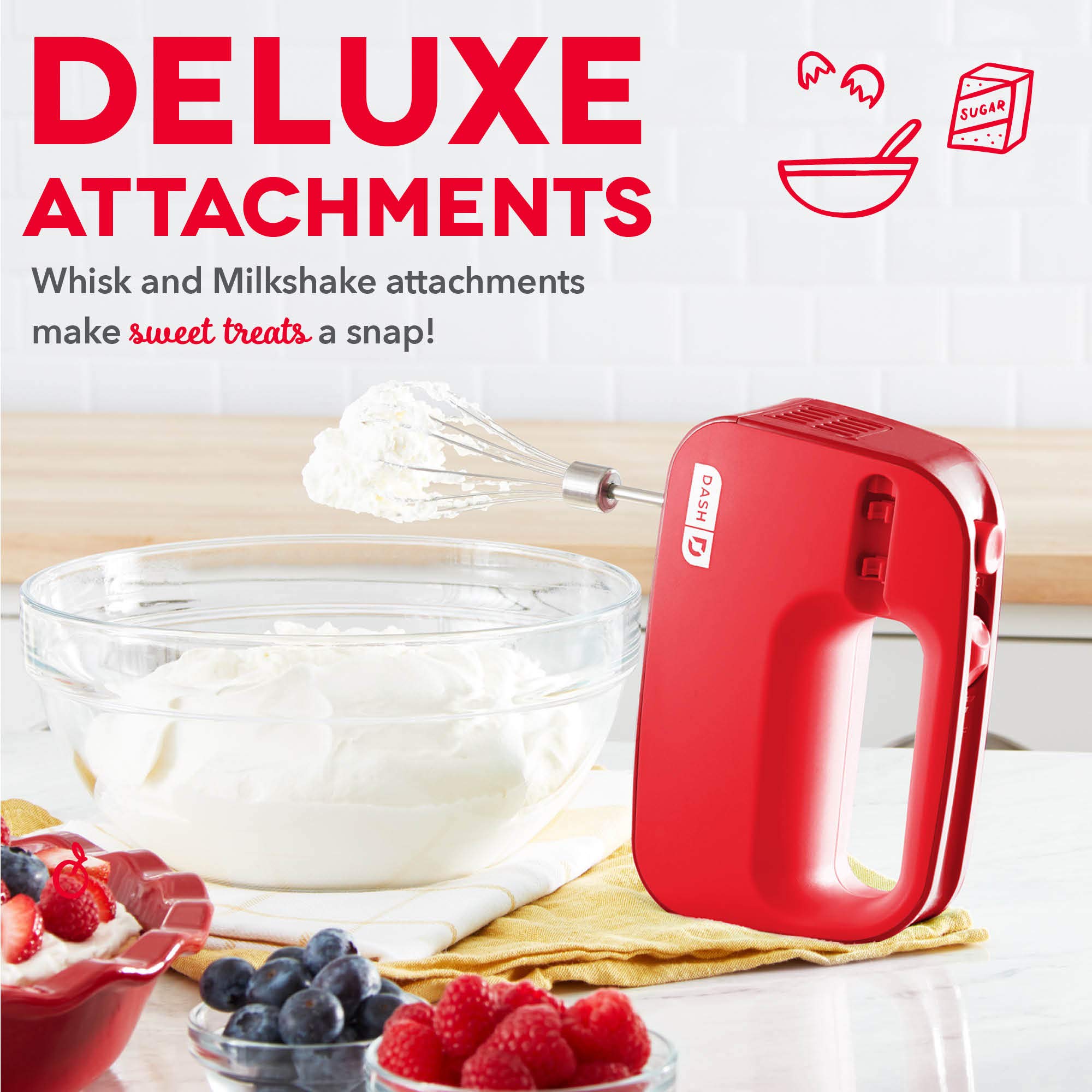 Dash SmartStore™ Deluxe Compact Electric Hand Mixer + Whisk and Milkshake Attachment for Whipping, Mixing Cookies, Brownies, Cakes, Dough, Batters, Meringues & More, 3 Speed, 150-Watt – Red