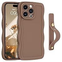 GUAGUA for iPhone 15 Pro Max Case with Wrist Strap, Cute Curly Wave Phone Case iPhone 15 Pro Max with Adjustable Wristband Kickstand Shockproof Anti Slip Phone Case for iPhone 15 Pro Max 6.7'', Brown