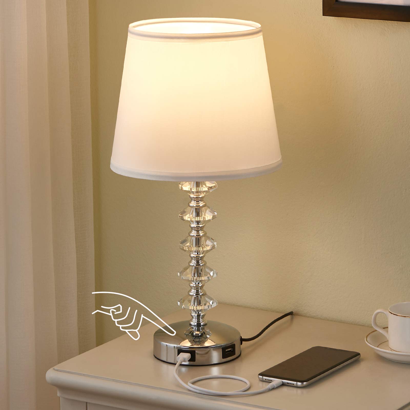 Touch Crystal Lamp for Bedroom with USB Ports, Kakanuo White USB Bedside Table Lamp Nightstand Lamp, 3 Way Dimmable Crystal Touch Lamp for Bedroom,...