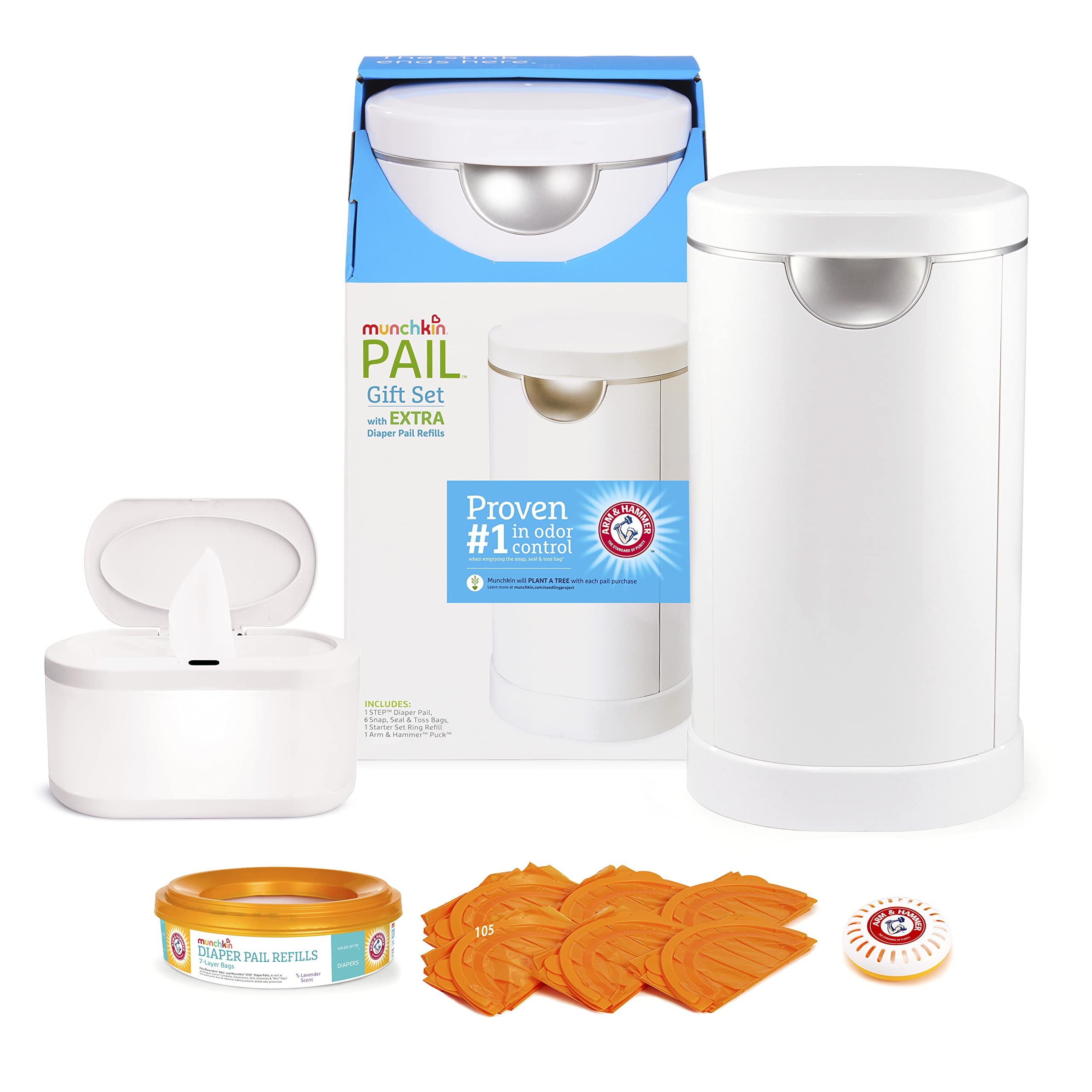 Munchkin® Diaper Pail Starter Set, Powered by Arm & Hammer and Touch Free Baby Wipe Warmer