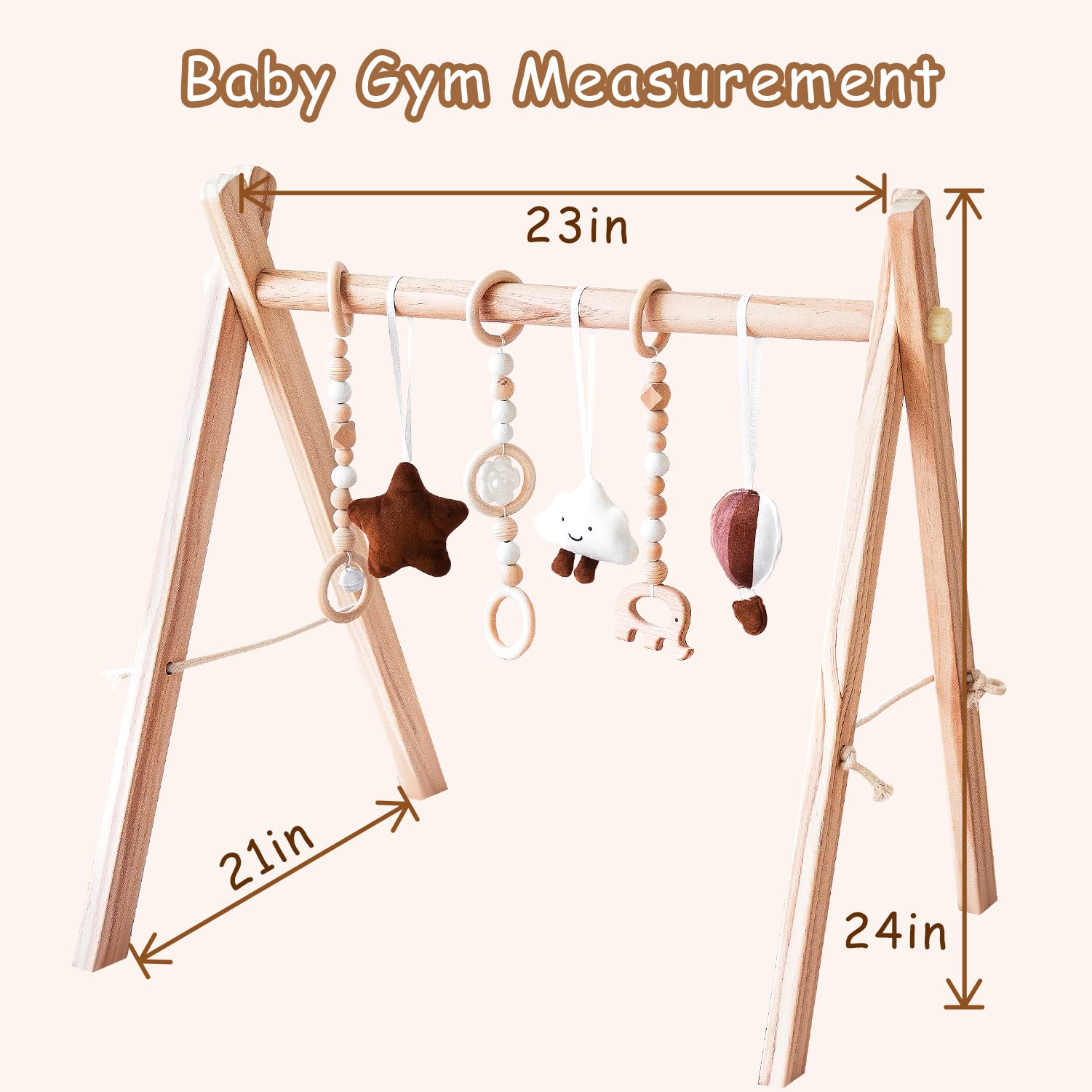 Wooden Baby Play Gym with Mat, Foldable Baby Play Gym Frame Activity Gym Hanging Bar with 5 Gym Baby Toys Rainbow Playmats Gift for Newborn Baby (Natural)