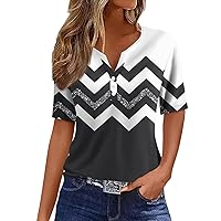 Women Summer Short Sleeve Tops Dressy Casual V-Neck Button Up Henley Shirt Trendy Printed Going Out Blouses