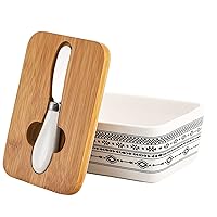 YOUEON 17 Oz Butter Dish with Lid for Countertop, Airtight Butter Keeper Holds Up to 2 Standard Butter Sticks, Porcelain Butter Holder with Knife & Silicone Ring, Hand Painted Pattern