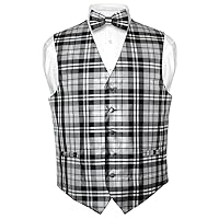 Men's Plaid Design Dress Vest & BOWTie Black Gray White BOW Tie Set