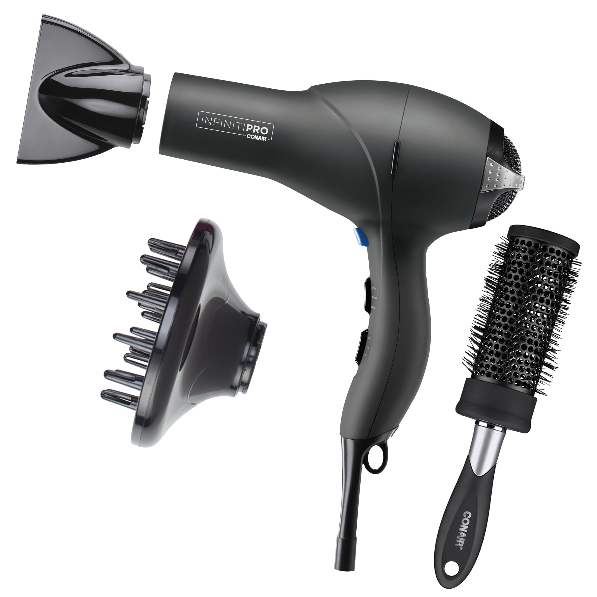 INFINITIPRO by CONAIR Hair Dryer, 1875W Salon Performance AC Motor Hair Dryer, Conair Blow Dryer, Grey with Bonus Blow-Out Brush