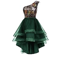YINGJIABride One Shoulder High Low Bridesmaid Dresses Homecoming Prom Dress Camo and Tulle