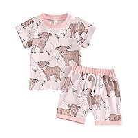 Toddler Baby Western Summer Outfits Cow/Horse/Cactus Print Short Sleeve T-Shirt Tops and Drastring Shorts 2Pcs Set