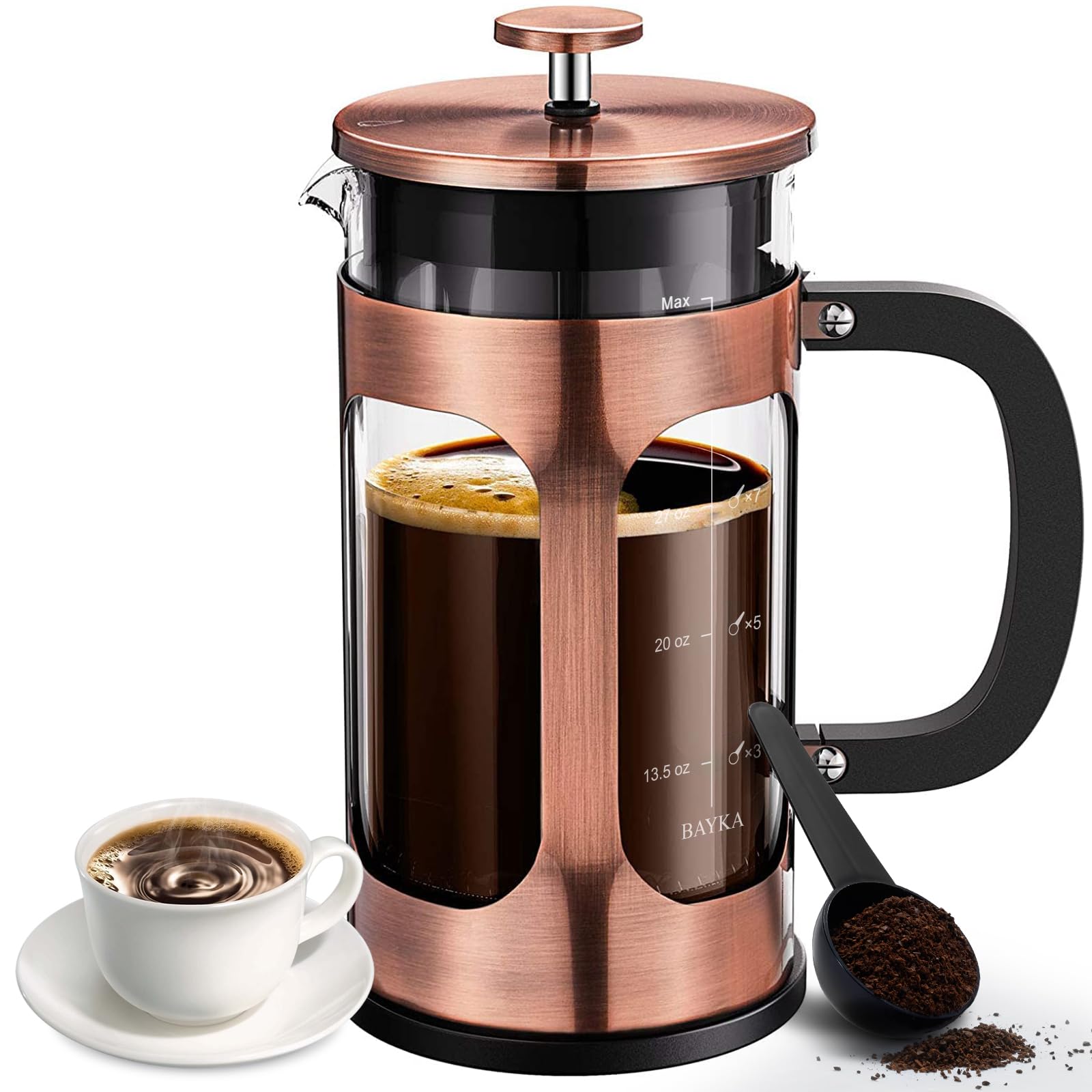BAYKA 1 Liter 34 Ounce French Press Coffee Maker, Glass Classic Copper Stainless Steel Coffee Press, Cold Brew Heat Resistant Thickened Borosilicate Coffee Pot for Camping Travel Gifts