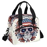 Insulated Lunch Bag for Women Men, America Skull Reusable Lunch Box,Thermal Cooler Tote Bag Organizer with Adjustable Shoulder Strap,Lunch Container with Front Pocket for Work Picnic Hiking Beach