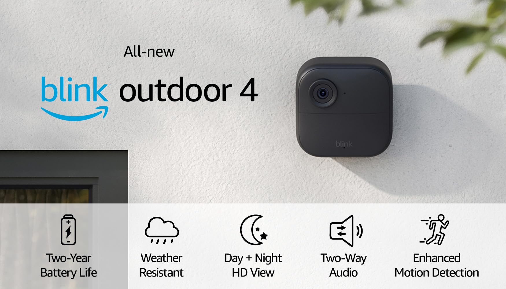 All-New Blink Outdoor 4 (4th Gen) – Wire-free smart security camera, two-year battery life, two-way audio, HD live view, enhanced motion detection, Works with Alexa – 4 camera system